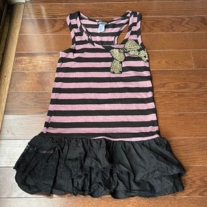 Wet Seal Purple and Black Striped Ruffle Hem Sequin Bow Tunic Dress Top